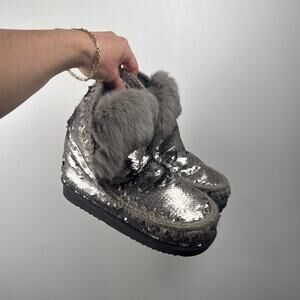 Mou Glitter Sequin Eskimo Ankle Boot in Gray, Size 7 NWOB